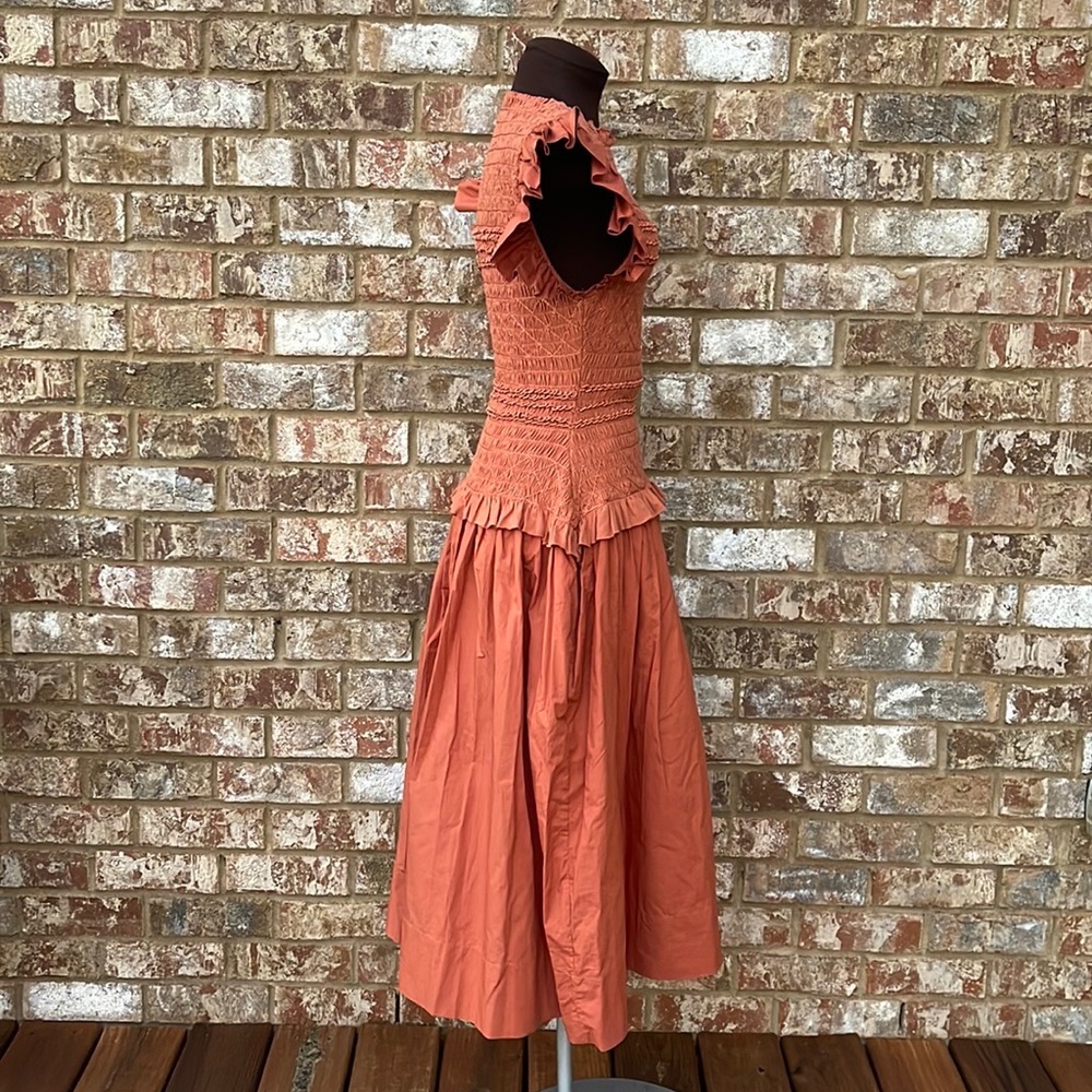 ULLA JOHNSON Madeline ruffled smocked cotton-jersey midi dress size 8 - Picture 5 of 11